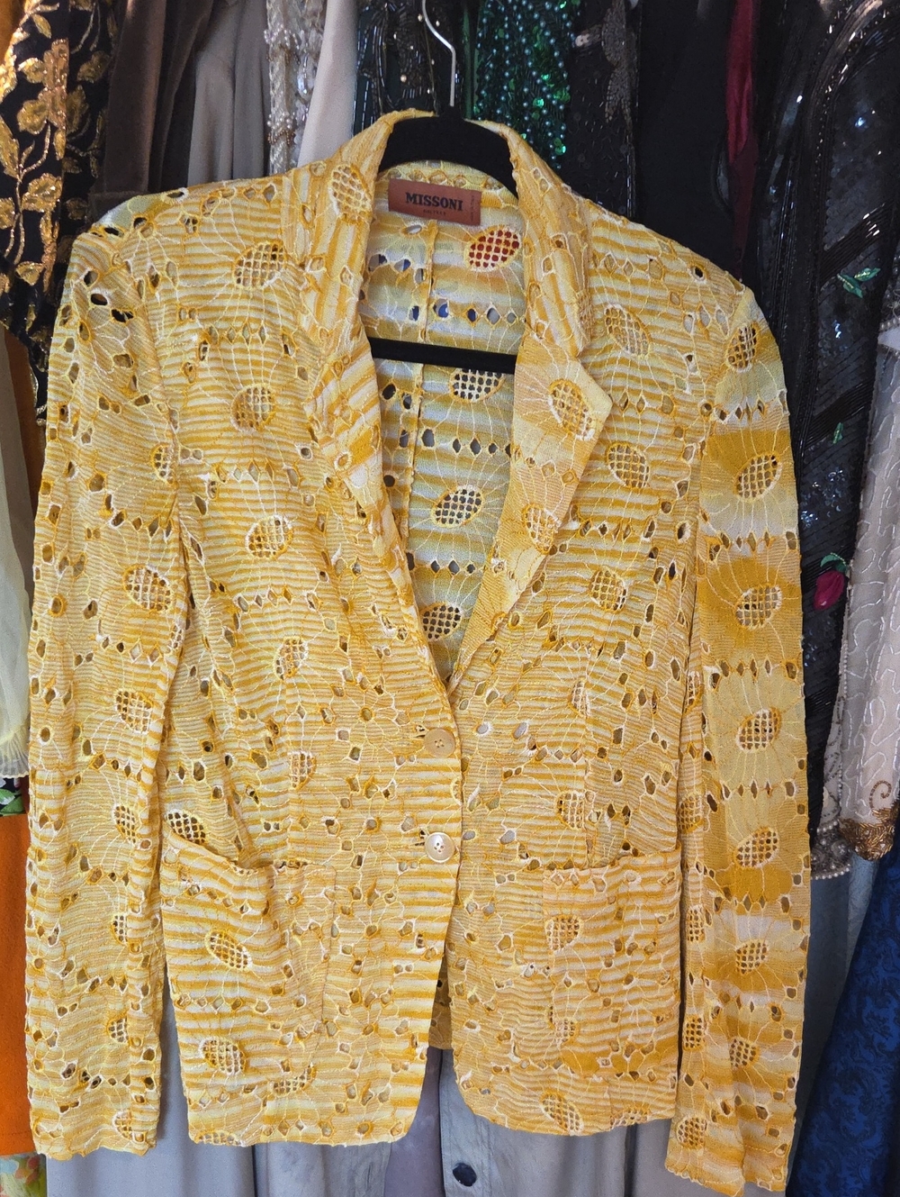 Vintage MISSONI Yellow Eyelet Crochet Open Knit Cardigan Jacket Italy